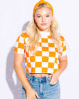 CHECKERED KNIT CROP- ORANGE AND WHITE