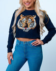 Navy Tiger Waffle Crop Top