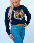 Navy Tiger Waffle Crop Top