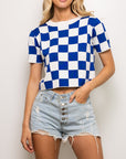 Blue & White Checkered Knit Crop - Sparkle City Co