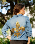 Fleur De Lis Denim Button Down - Sparkle City Co