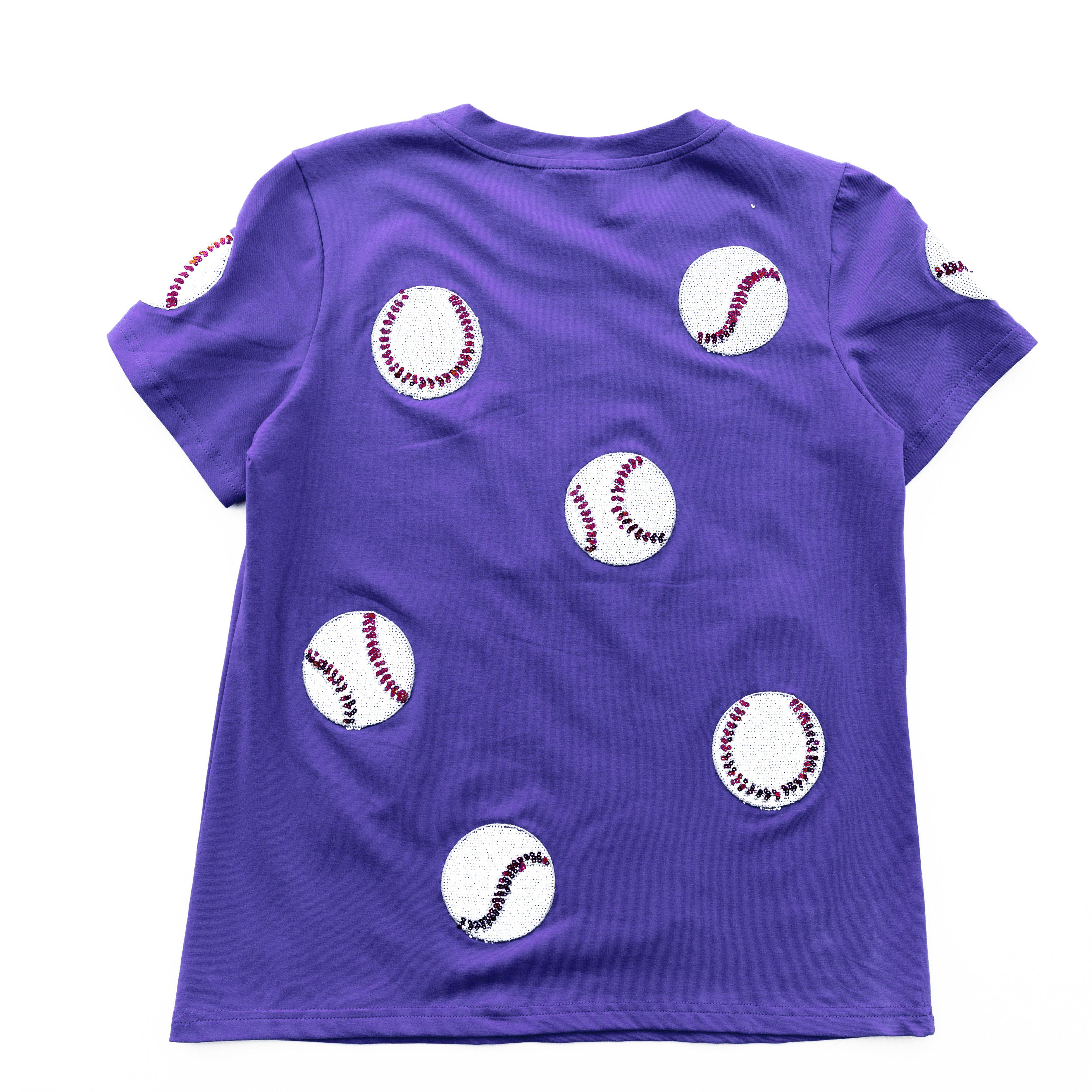 purple and white baseball shirt