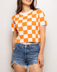 CHECKERED KNIT CROP- ORANGE AND WHITE