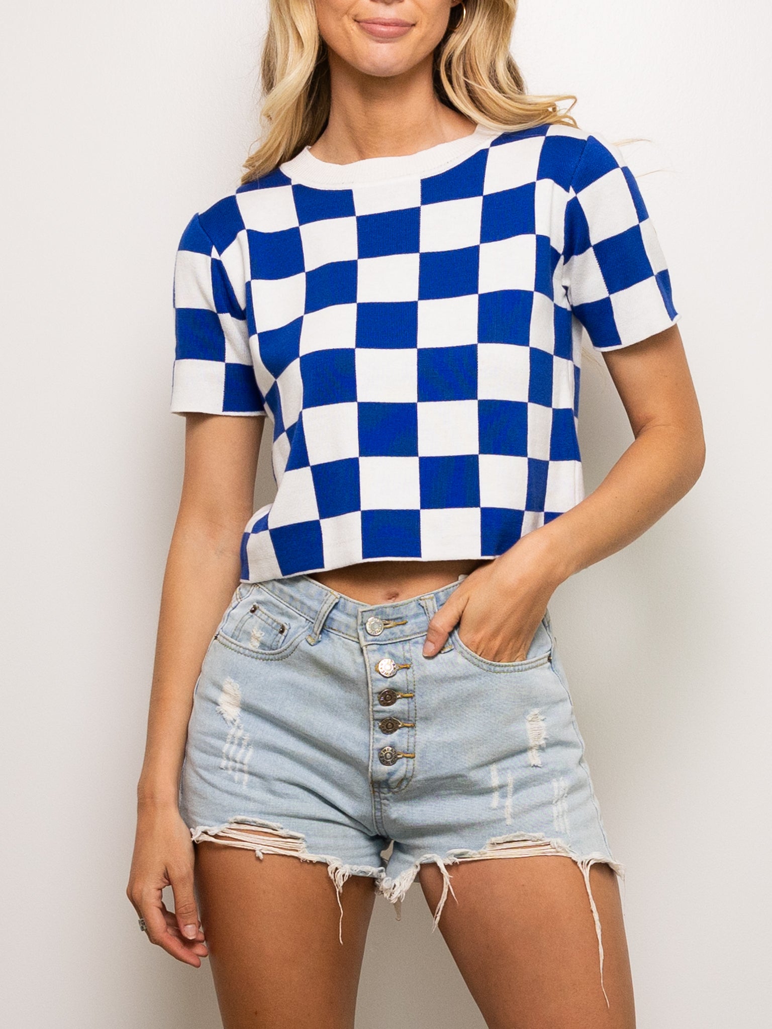 Blue &amp; White Checkered Knit Crop