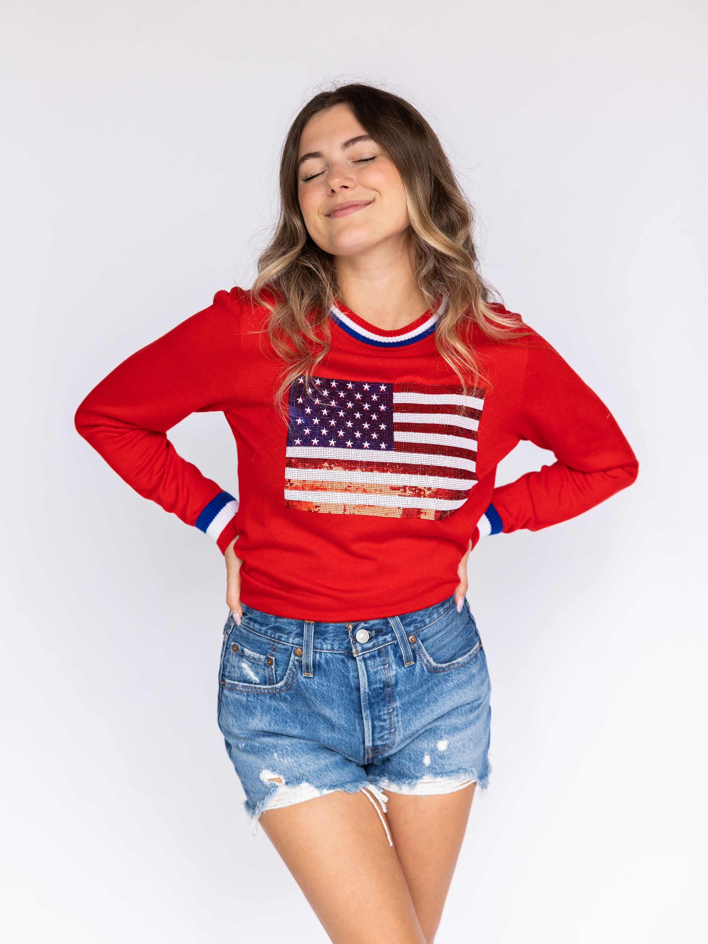 Fancy Flag USA Thin Knit Sweater Red