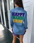 Happy Mardi Gras Denim Button Down