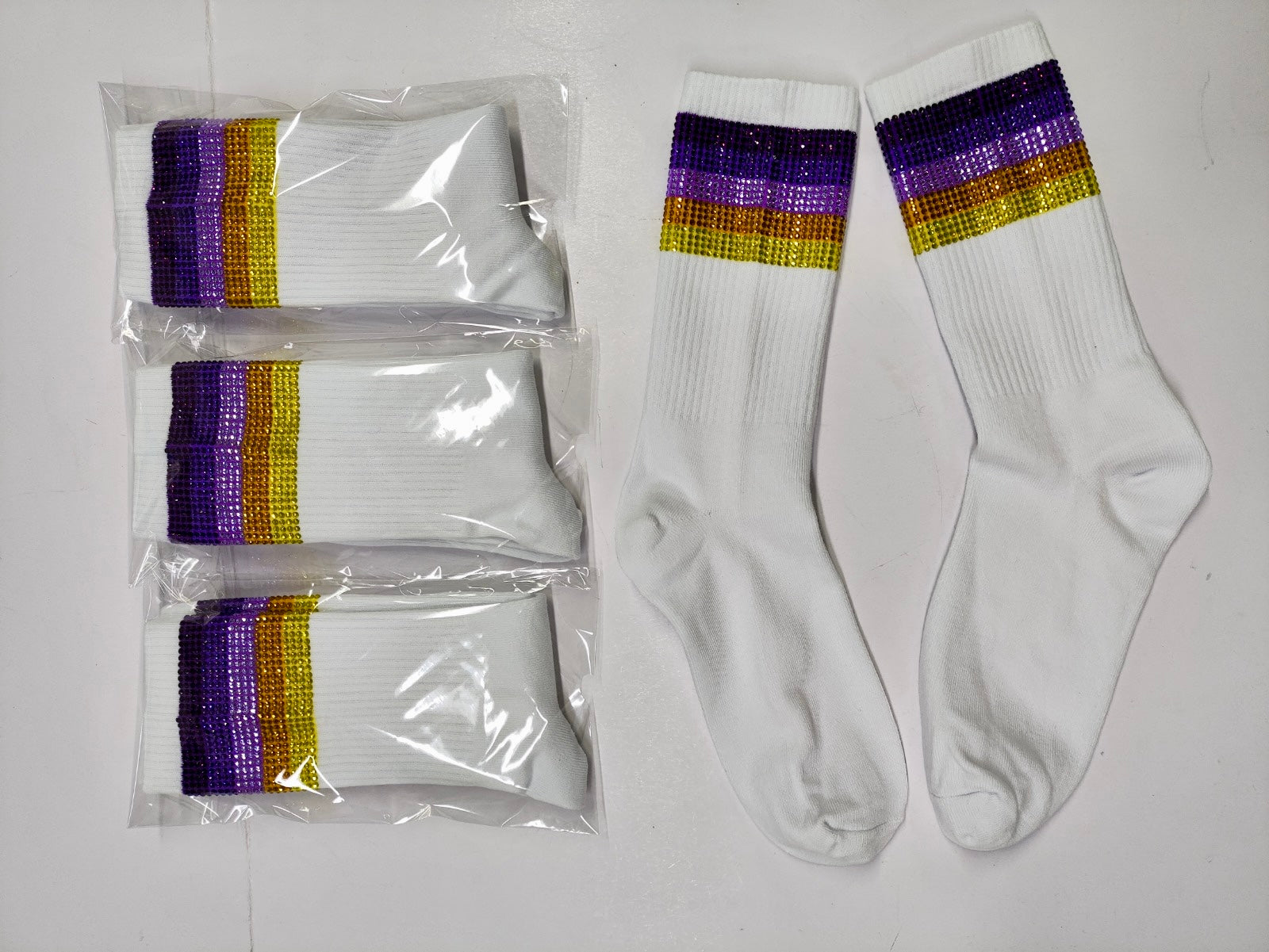 Purple and Gold Rhinestone Crew Socks