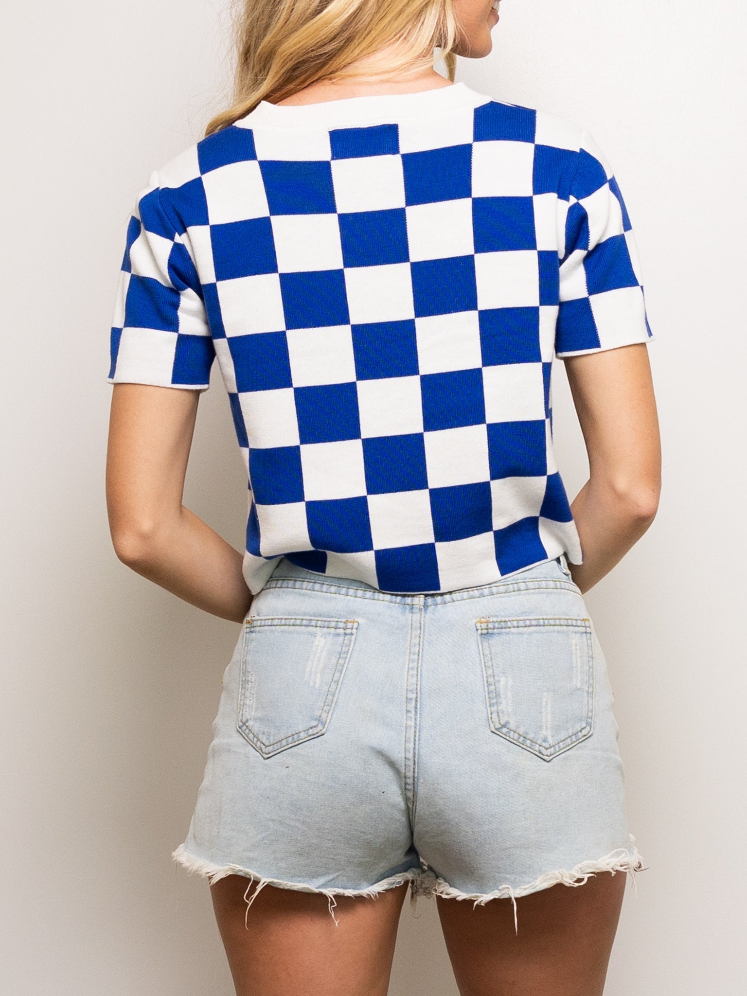 Blue & White Checkered Knit Crop - Sparkle City Co