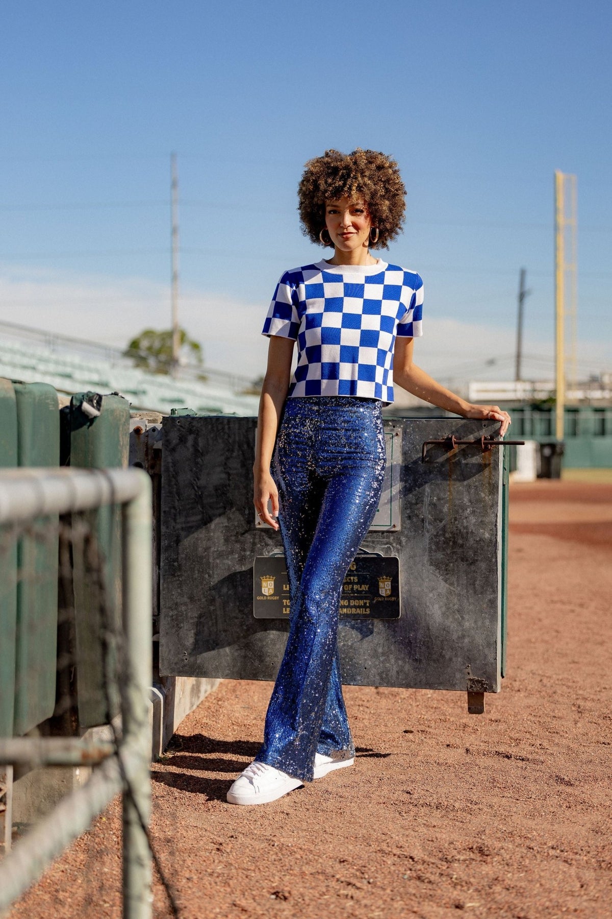 Blue &amp; White Checkered Knit Crop - Sparkle City Co