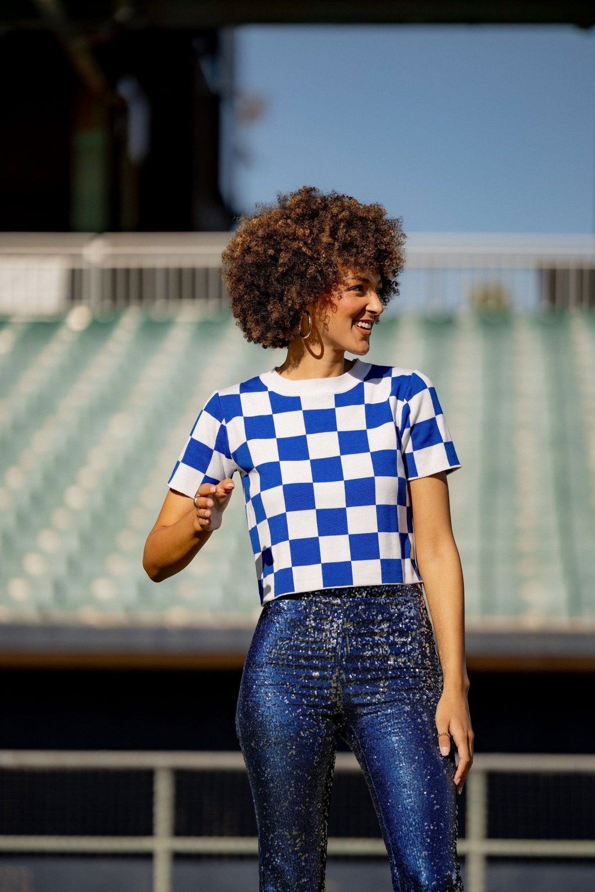 Blue &amp; White Checkered Knit Crop - Sparkle City Co