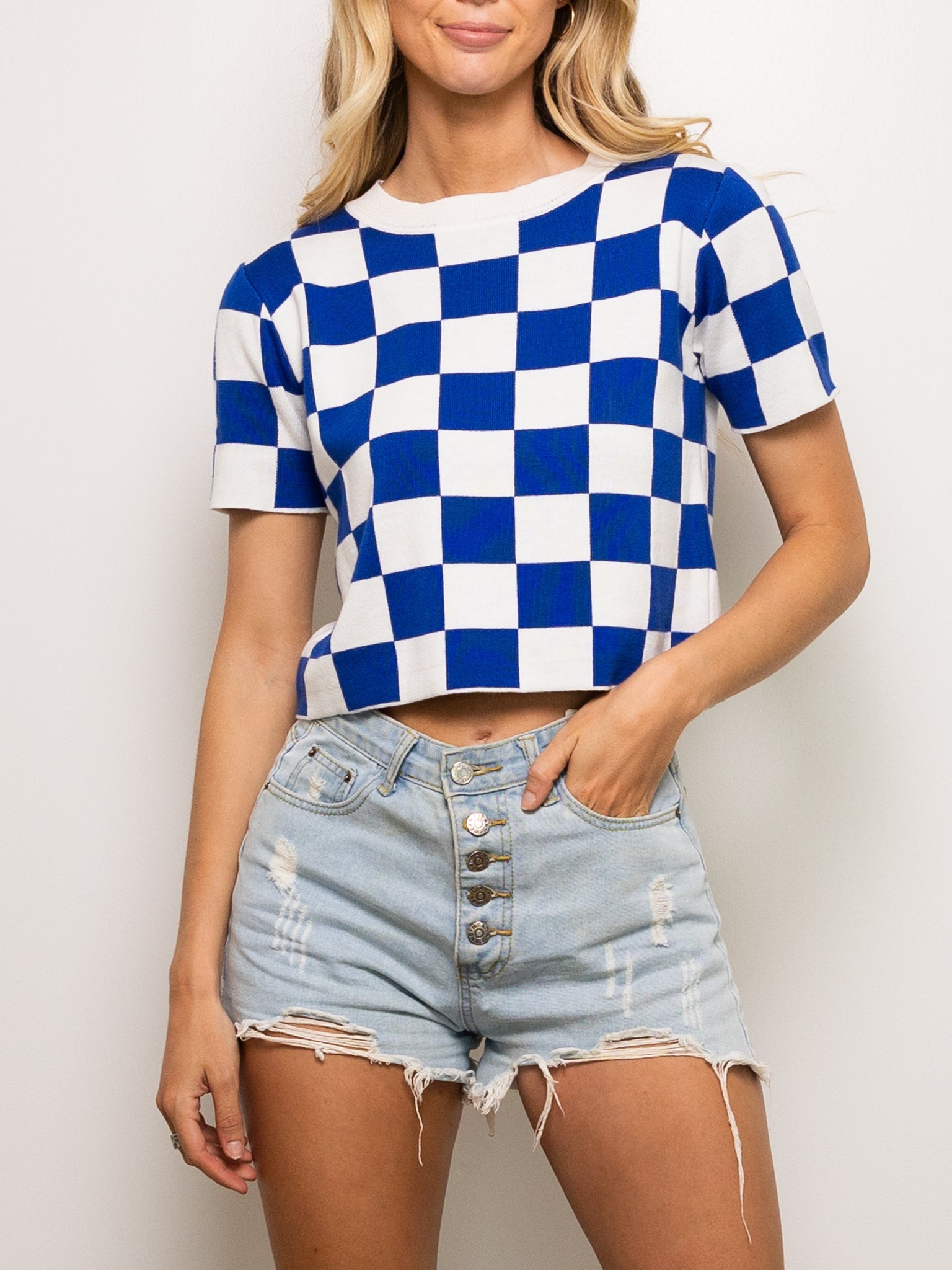 Blue & White Checkered Knit Crop - Sparkle City Co