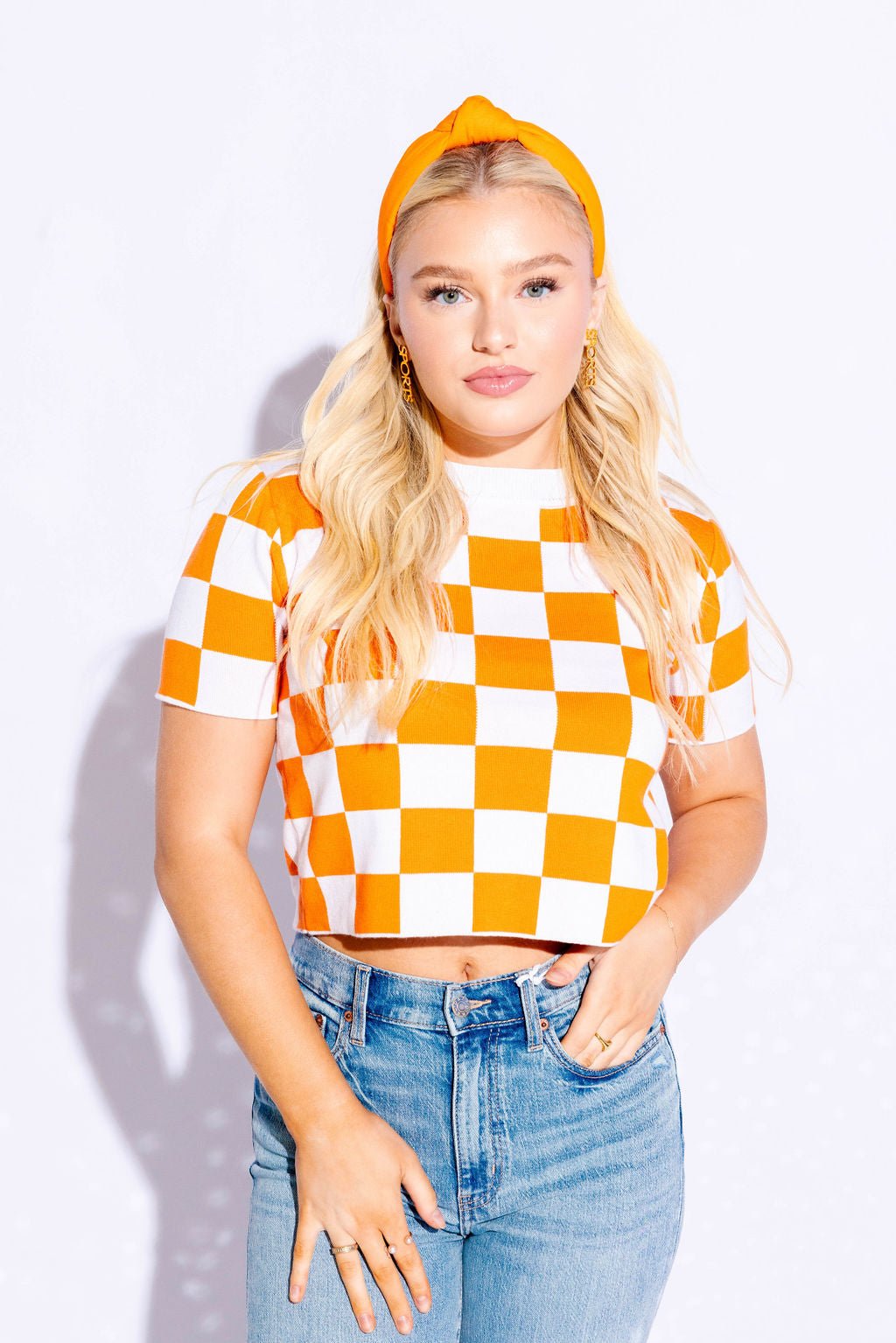 CHECKERED KNIT CROP - ORANGE AND WHITE - Sparkle City Co