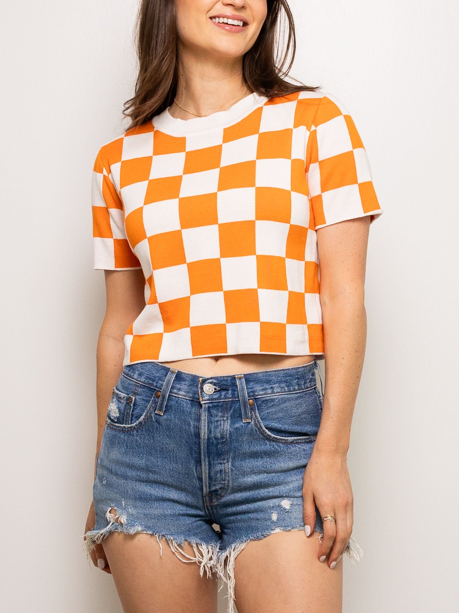 CHECKERED KNIT CROP - ORANGE AND WHITE - Sparkle City Co