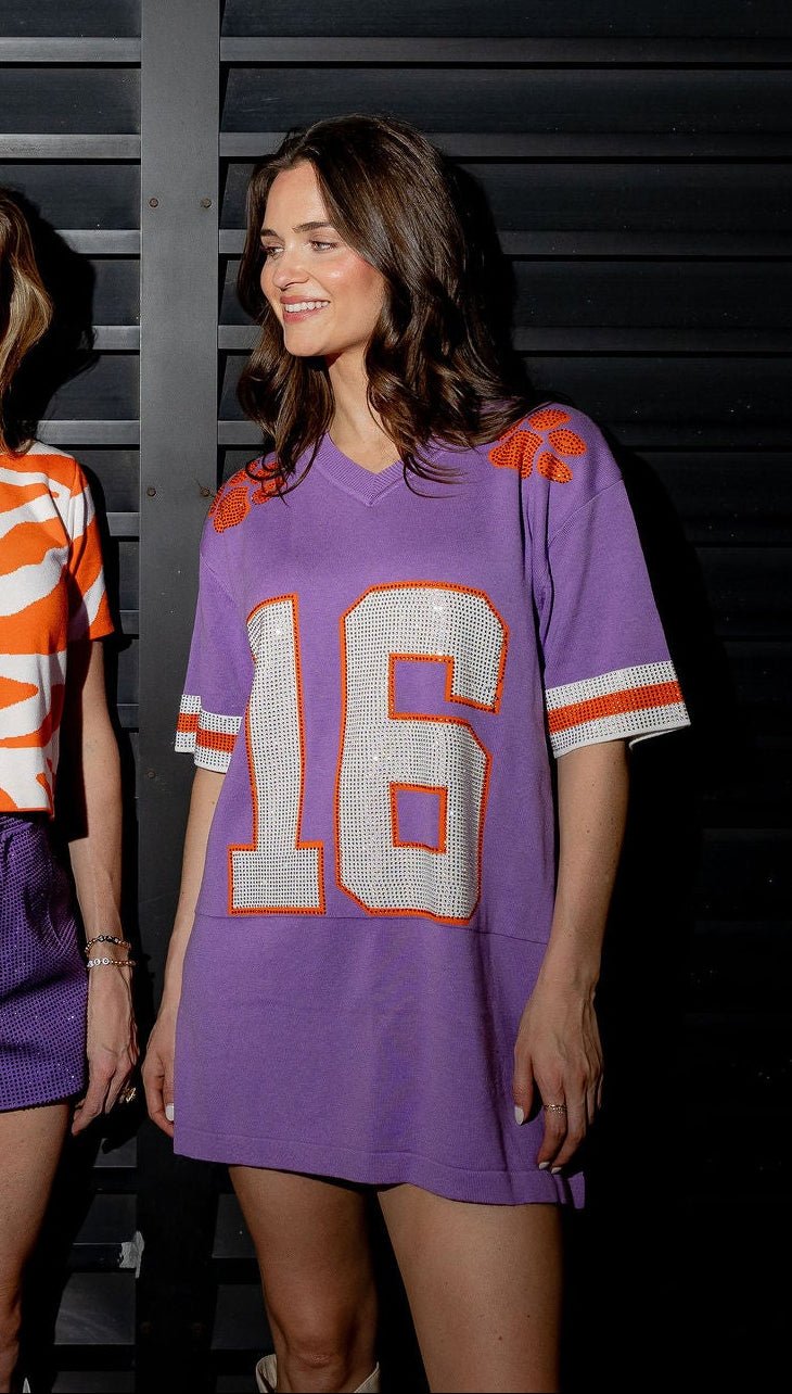 Clemson KNIT JERSEY DRESS- Orange &amp; Purple - Sparkle City Co
