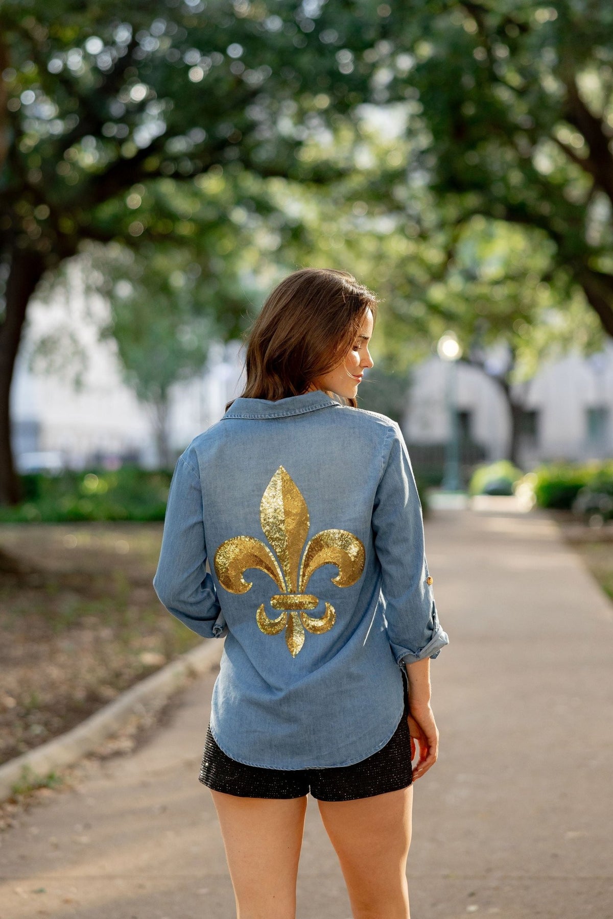 Fleur De Lis Denim Button Down - Sparkle City Co