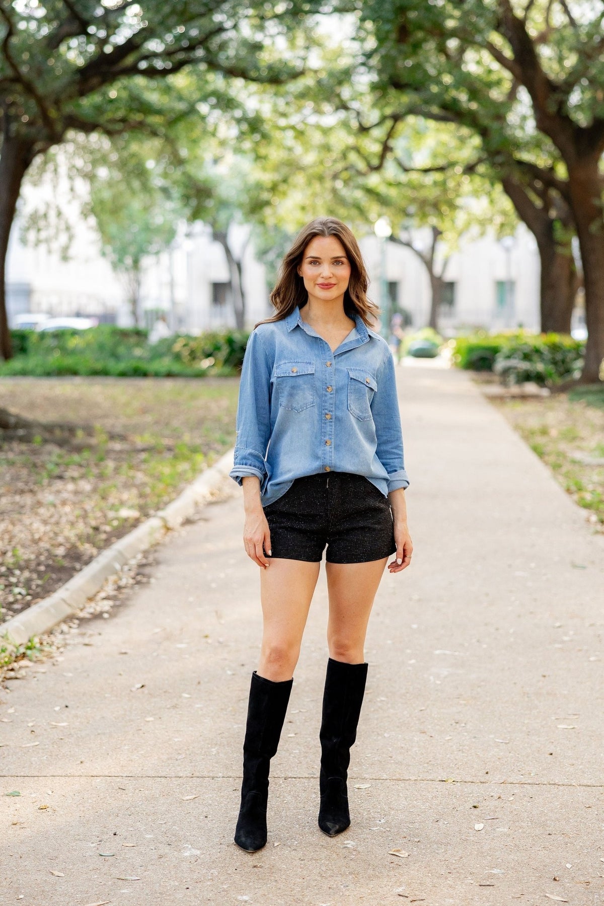 Fleur De Lis Denim Button Down - Sparkle City Co