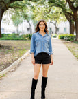 Fleur De Lis Denim Button Down - Sparkle City Co