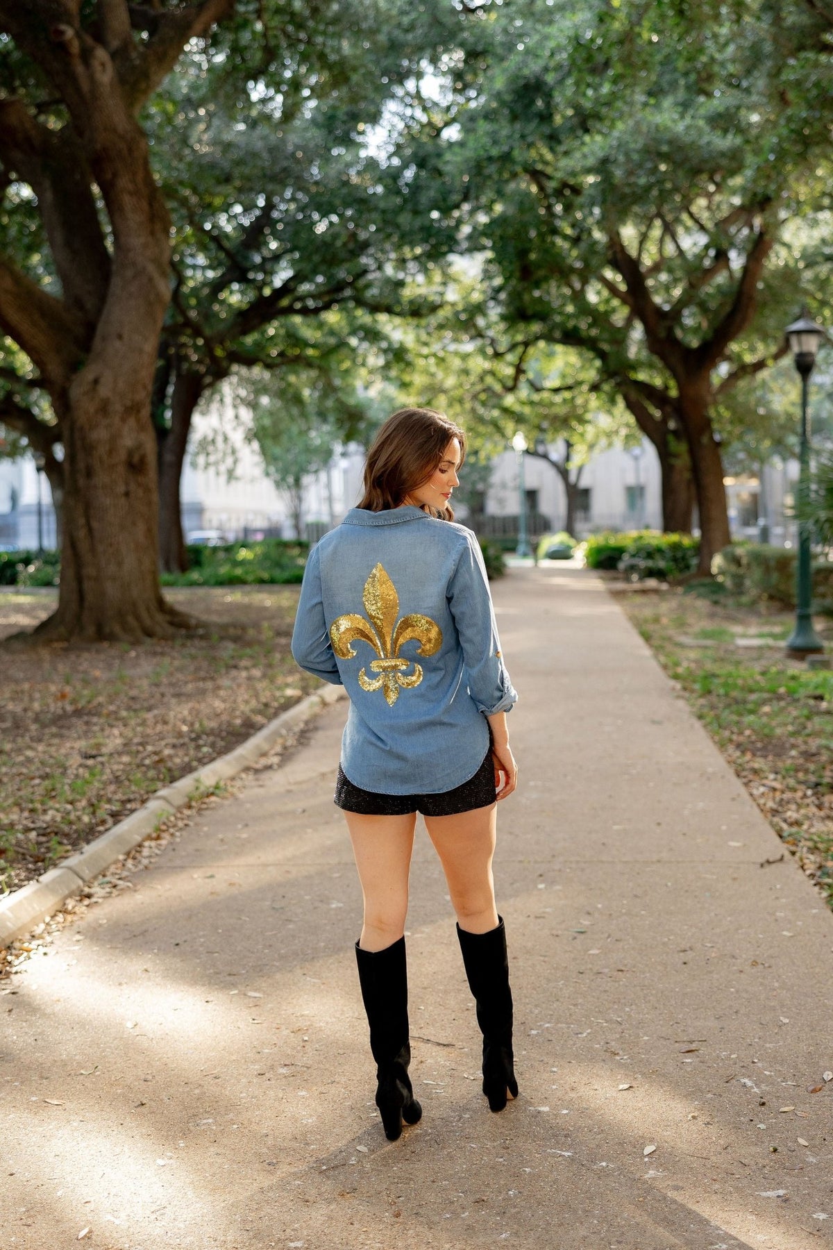 Fleur De Lis Denim Button Down - Sparkle City Co