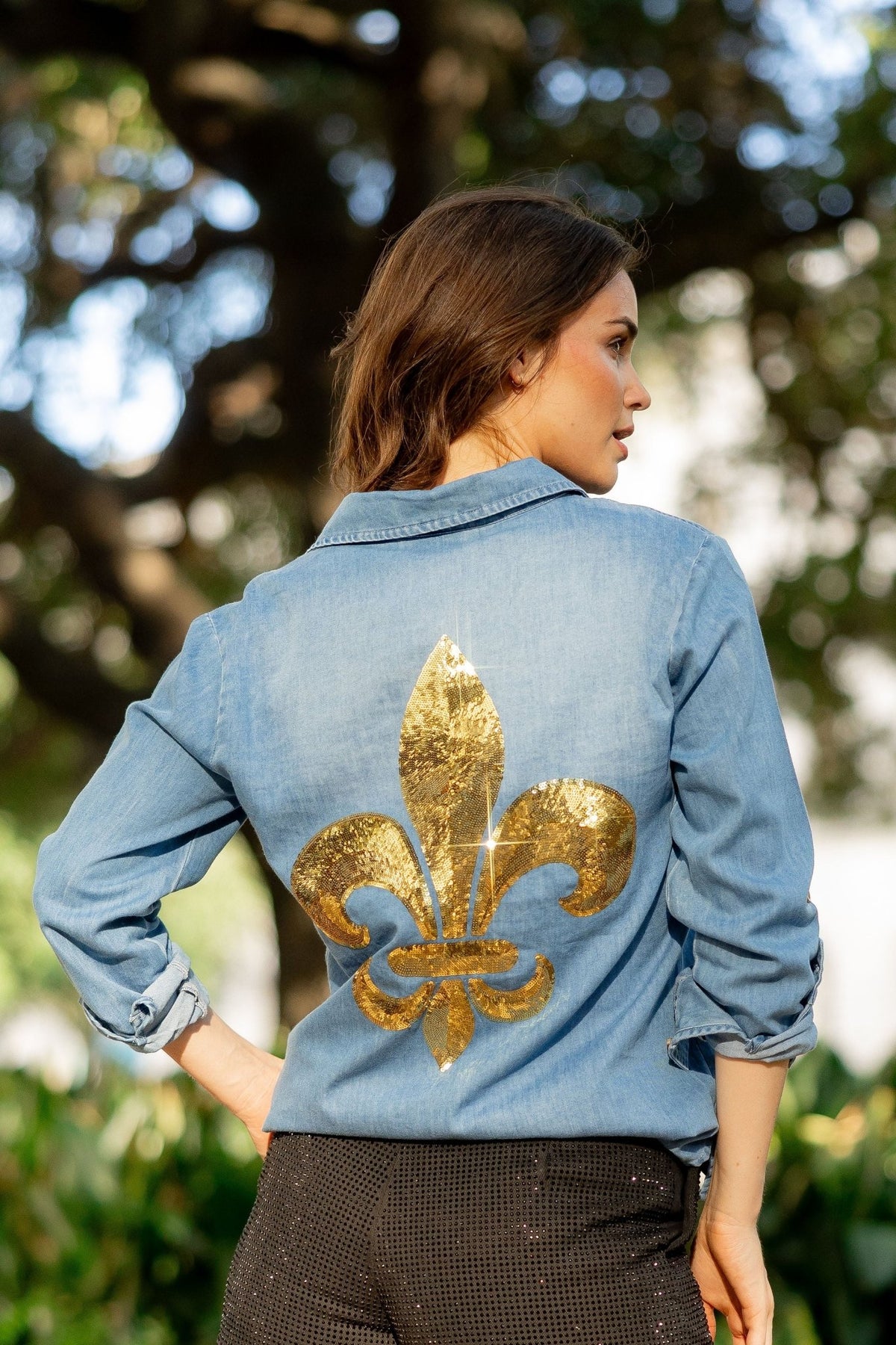 Fleur De Lis Denim Button Down - Sparkle City Co