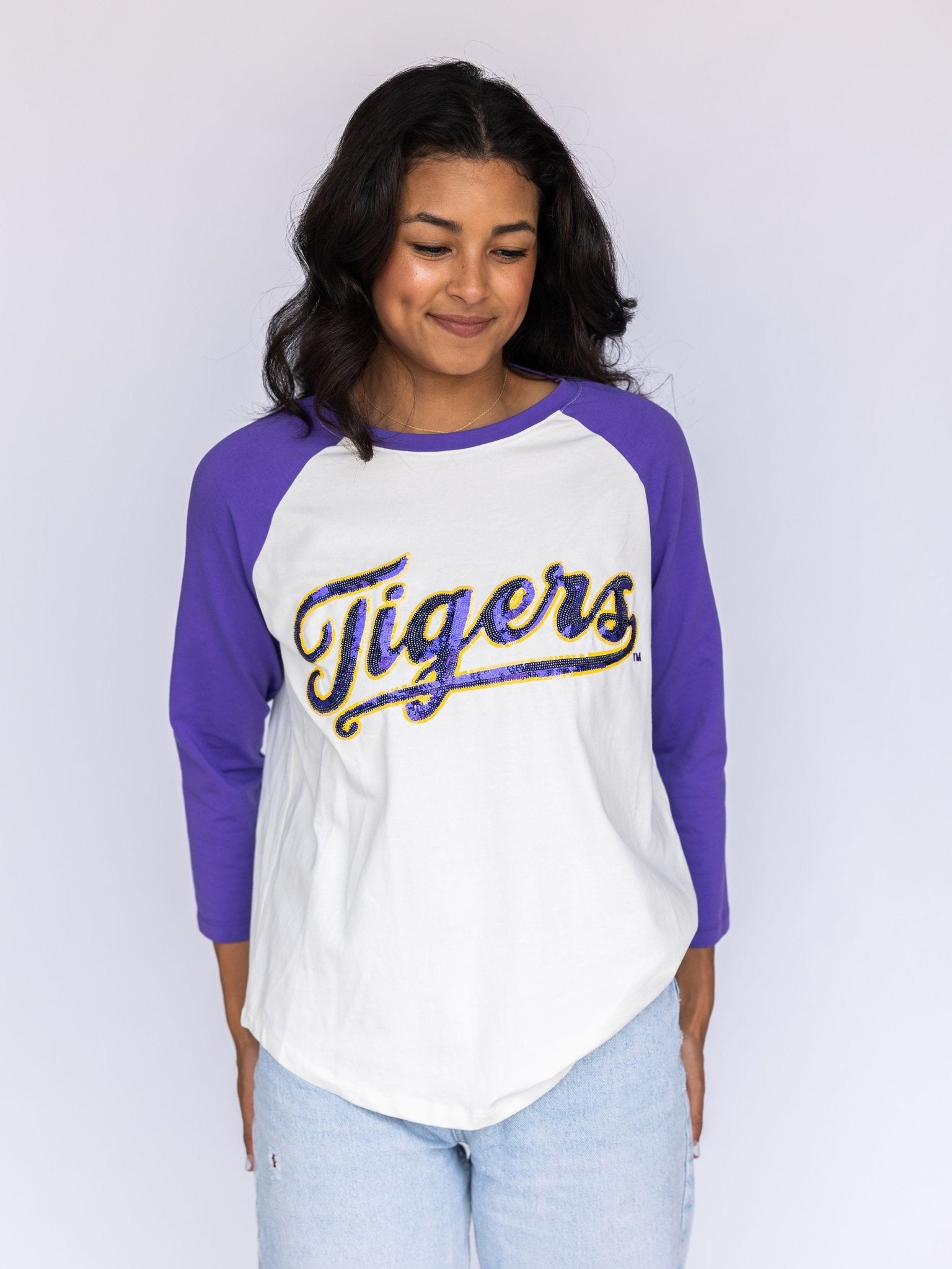 LSU &quot;Tigers&quot; Purple Raglan Tee - Sparkle City Co