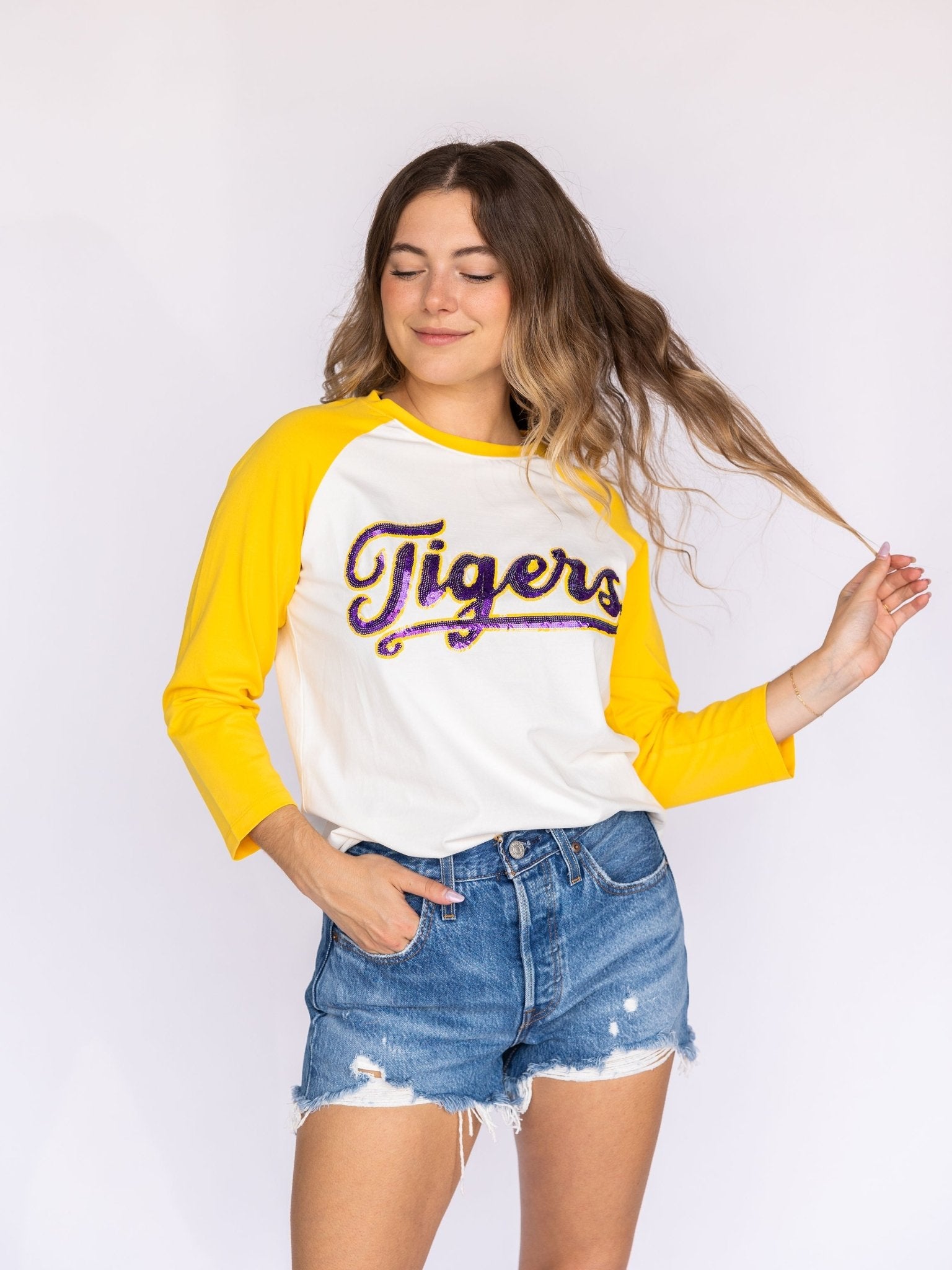 LSU &quot;Tigers&quot; Yellow Raglan Tee - Sparkle City Co