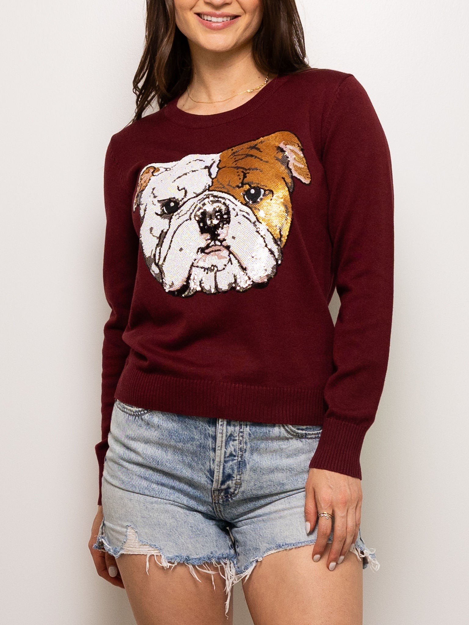 Mega Bulldog Sequin Sweater - Maroon - Sparkle City Co