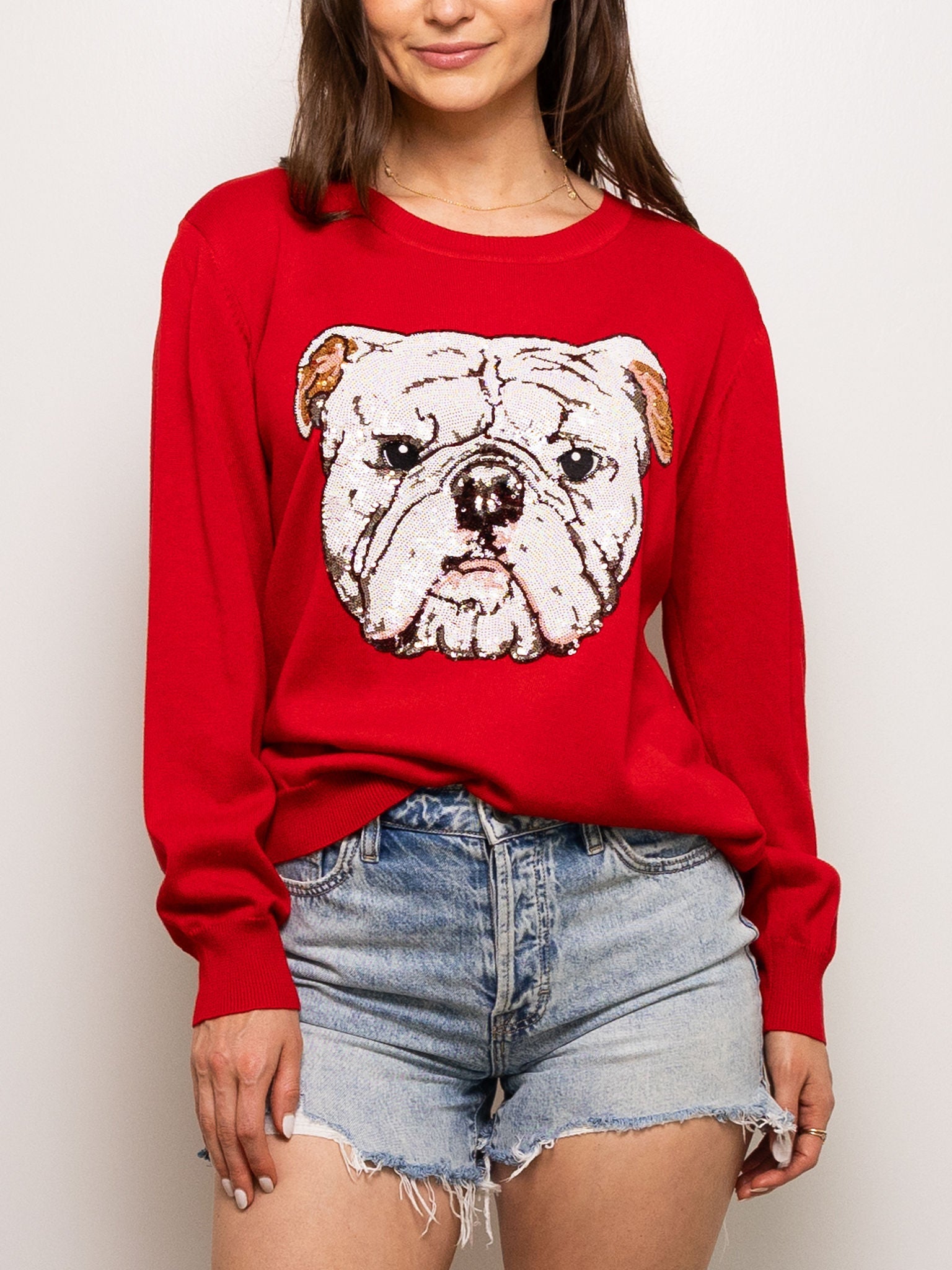 Mega Bulldog Sequin Sweater Red - Sparkle City Co