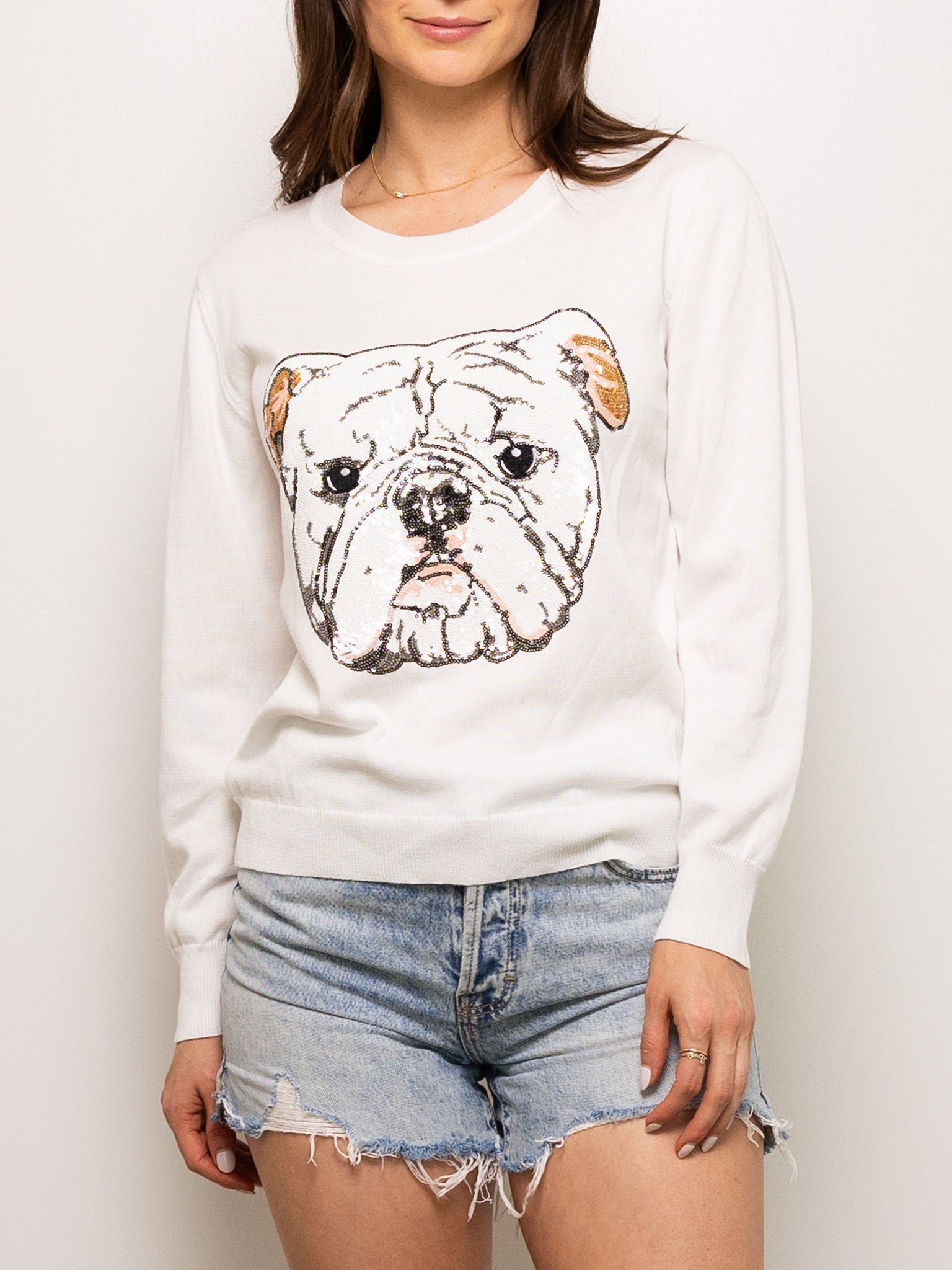 Mega Bulldog Sequin Sweater White - Sparkle City Co