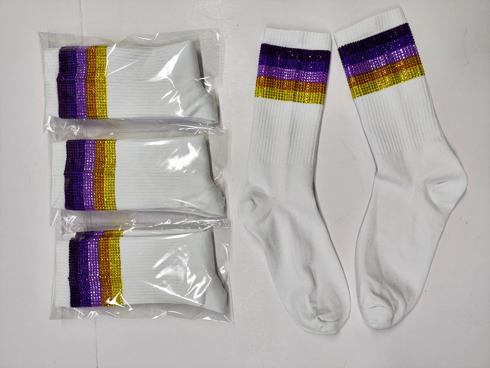 Purple and Gold Rhinestone Crew Socks - Sparkle City Co