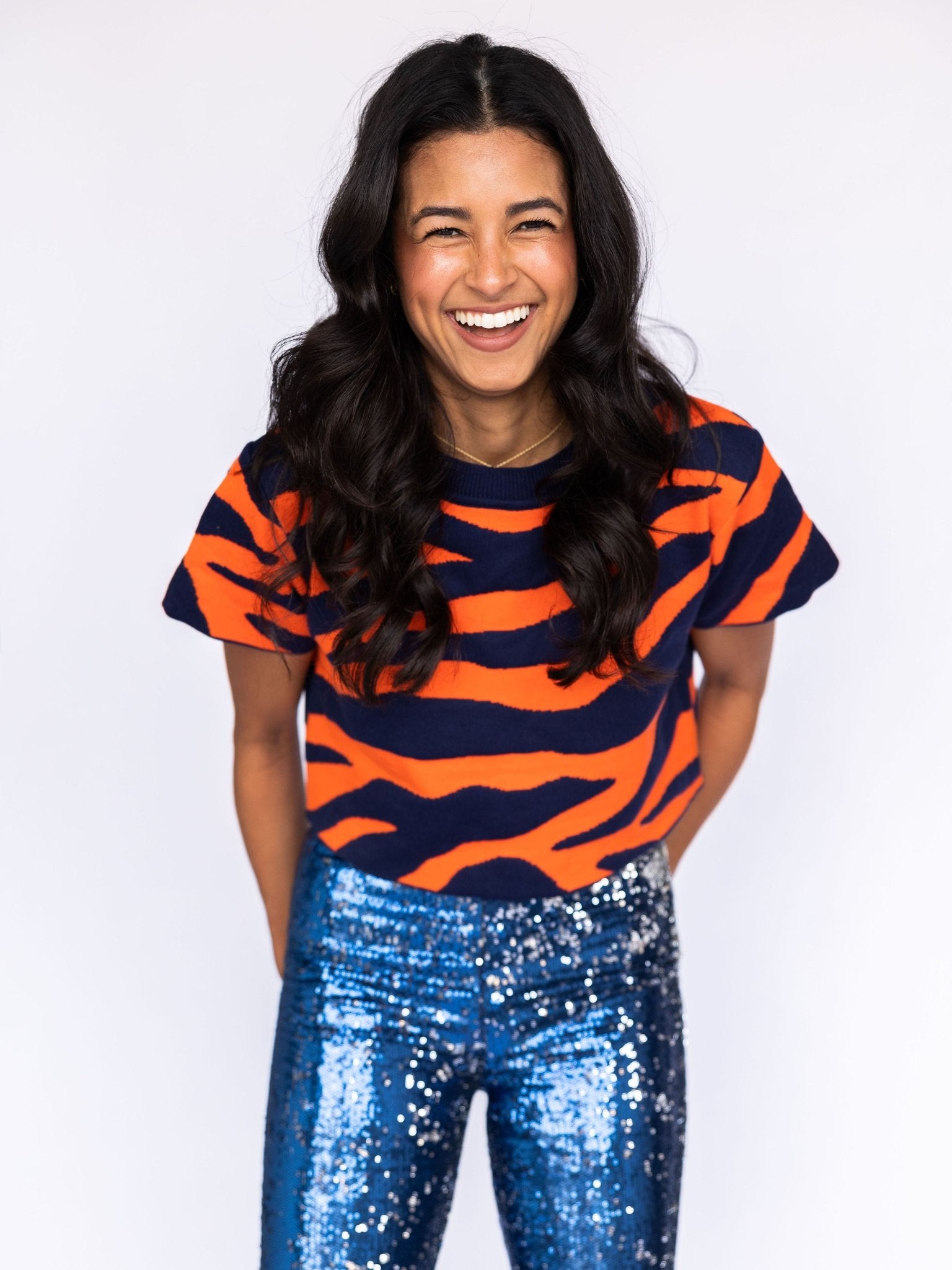 TIGER STRIPE KNIT CROP - ORANGE AND NAVY - Sparkle City Co
