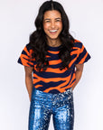 TIGER STRIPE KNIT CROP - ORANGE AND NAVY - Sparkle City Co