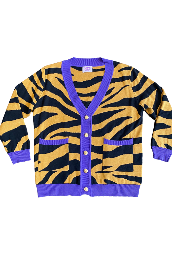 Tiger Stripe and Purple Trim Longline Cardigan