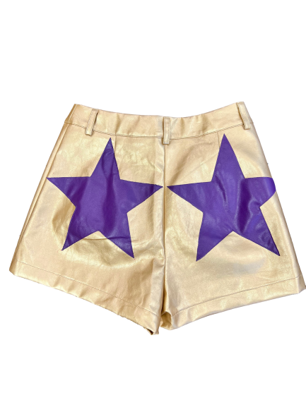 Vegan Leather Shorts | Gold w/ Purple Stars