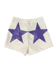 Vegan Leather Shorts | White w/ Purple Stars