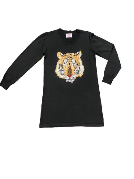 Knit Tiger Head Sweater Dress - Black