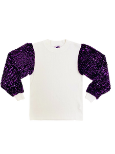 White and Purple Shimmer Sleeve Sweater