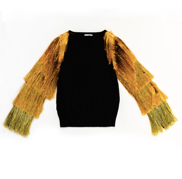 Gold Ombre Tinsel Tassel Sleeve Sweater Black