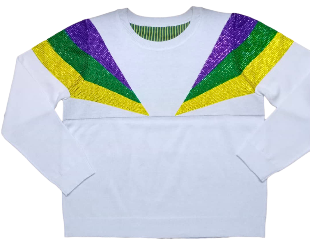 White Mardi Gras Shoulder Stripes Sweater