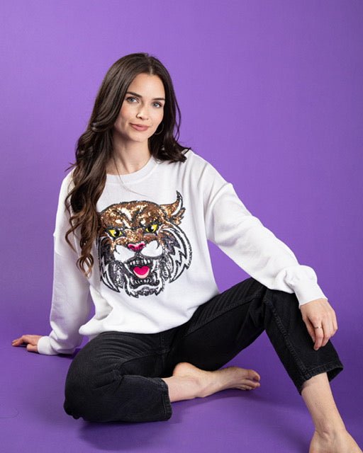 Mega Wildcat Sequin Sweater White - Sparkle City Co