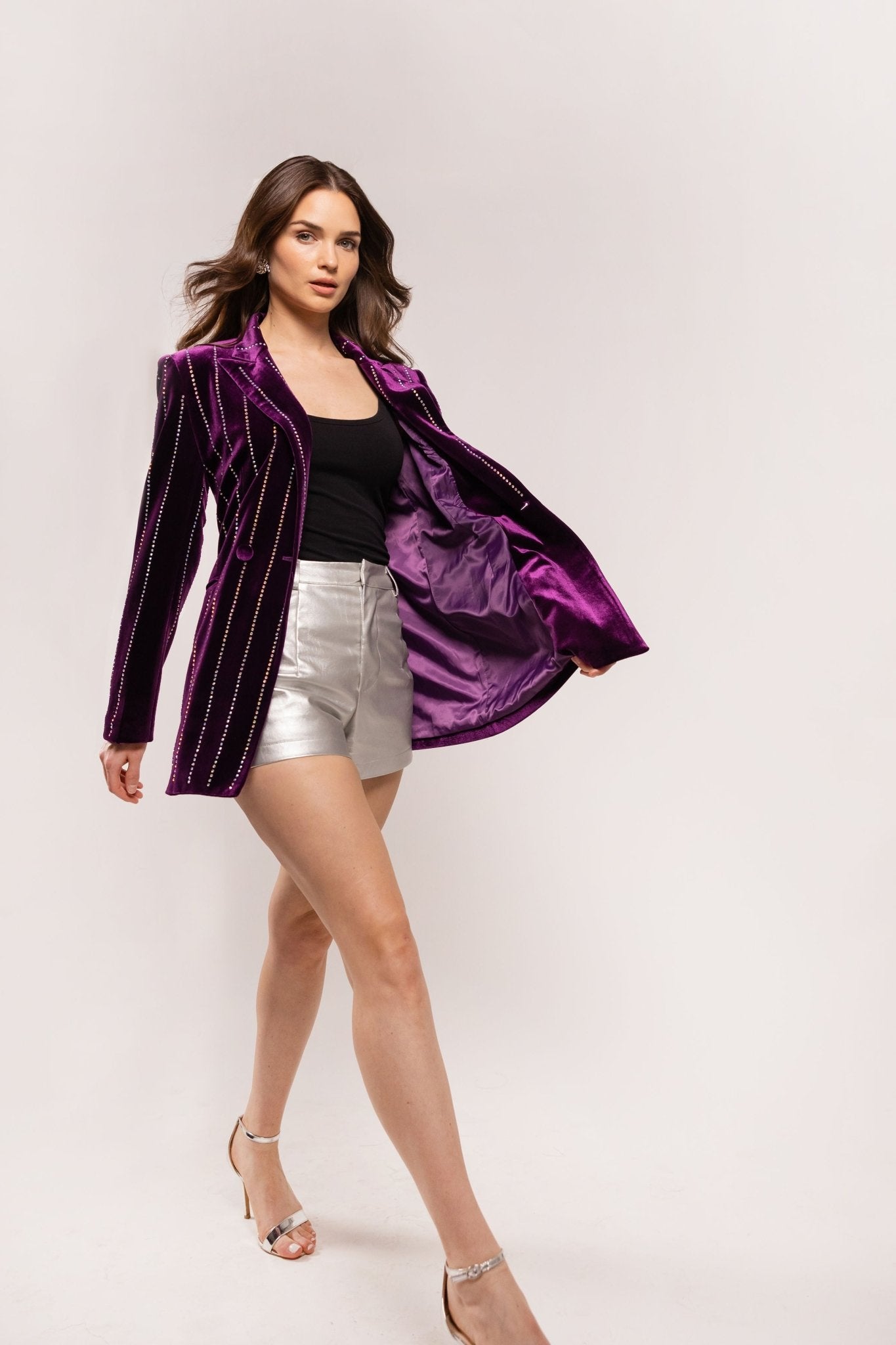 Rhinestone Pin Stripe Velvet Blazer - Sparkle City Co