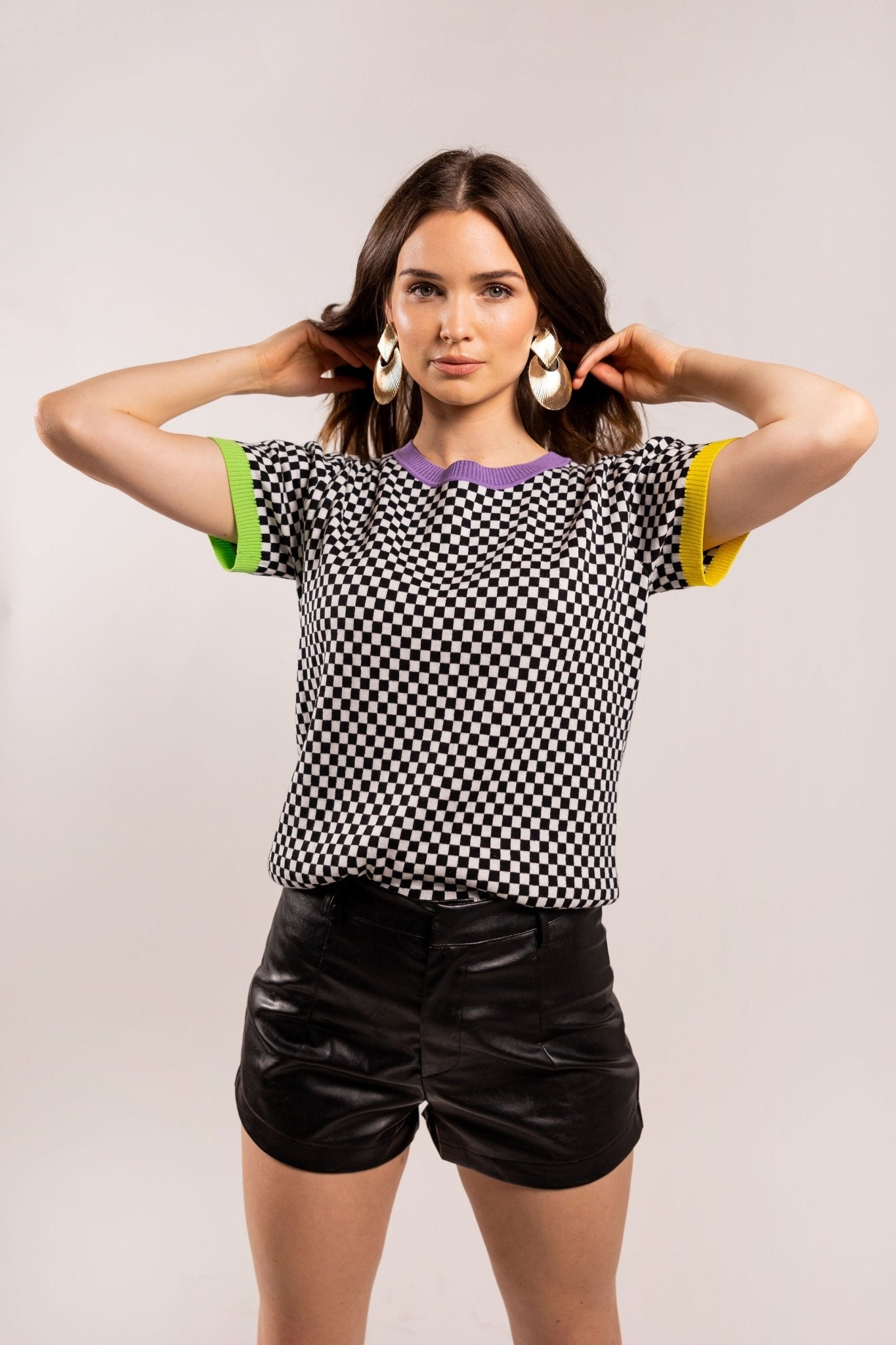 Short Sleeve Mardi Gras Checkered Sweater - Sparkle City Co
