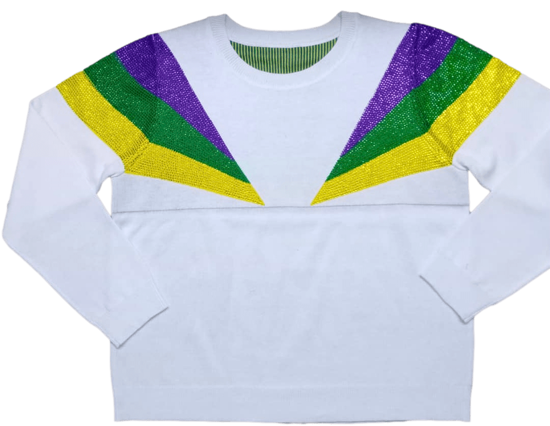 White Mardi Gras Shoulder Stripes Sweater - Sparkle City Co