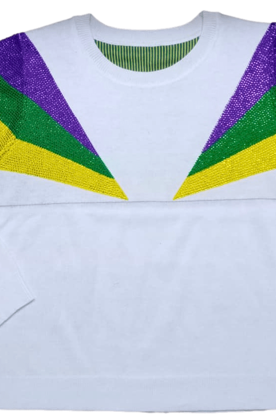 White Mardi Gras Shoulder Stripes Sweater - Sparkle City Co